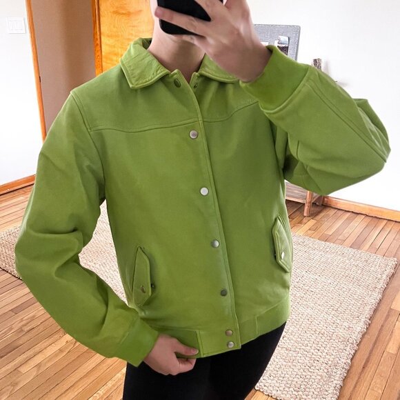 Deadwood Coach Green Leather Hand-Dyed Button Down Collared Bomber Jacket M NWT - Picture 1 of 16